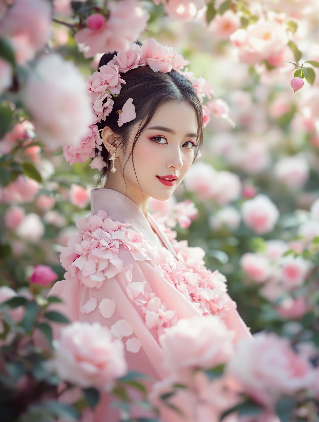 花海仙子 - 身着淡粉裙的女性躺卧于粉色樱花与野花田中,梦幻浪漫春季写真 - 每日福利
