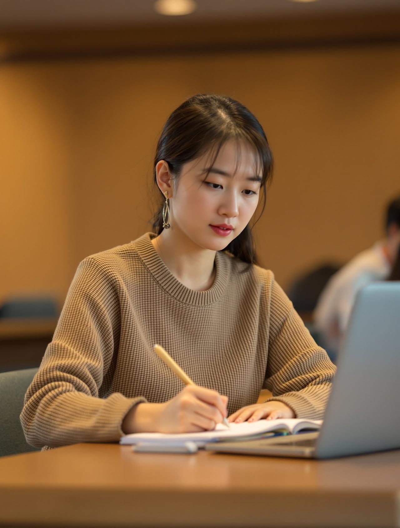 课堂笔记 - 在教室中用笔记本和笔记本电脑认真做笔记的中国女学生 - 每日福利